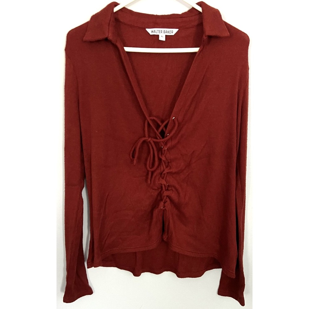 Walter Baker Shirt Womens XL Rust Red Lace-Up Front Collared Long Sleeve Knit